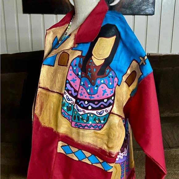 Jo Dufo ~1989 ~Hand-Painted Red/Multi-Colors Native American Indian Large Jacket